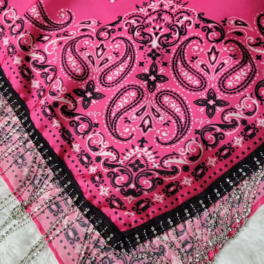 Versona Pink Bandana Scarf with Bling Fringe